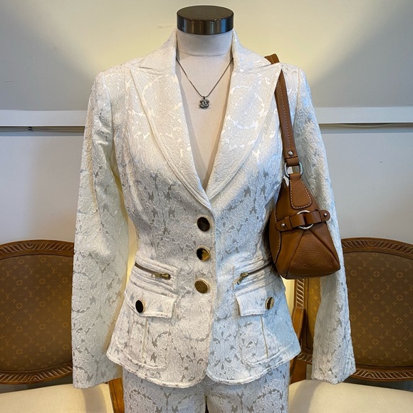 Cache Vintage 90s Y2K Elegant Brocade Cream Blazer and Flared Pants Set Size 6/8